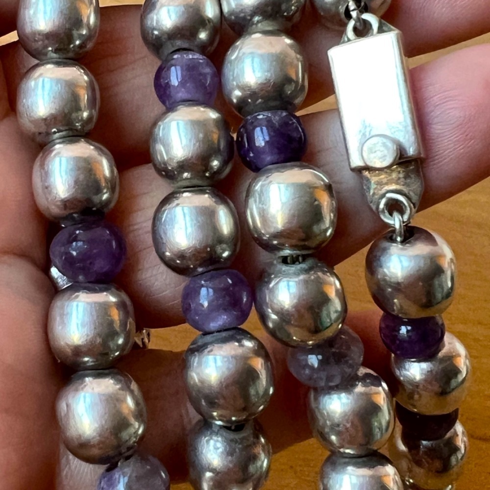 VINTAGE TAXCO MEXICO 925 STERLING SILVER & PURPLE AMETHYST BEADS NECKLACE 51 GR